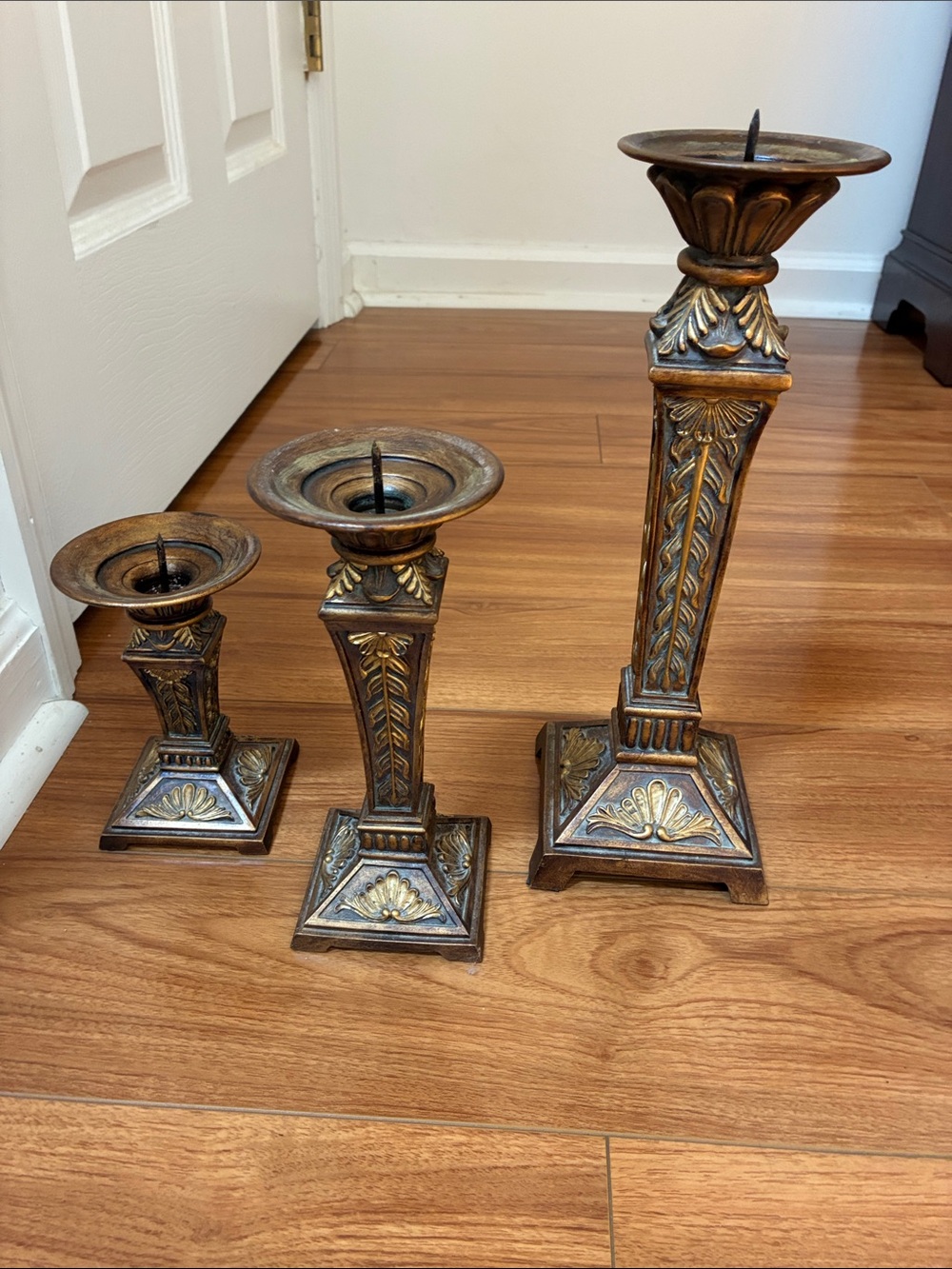 Ornate Antique-Style Gold Brown Metal Candle Holders Set of 3